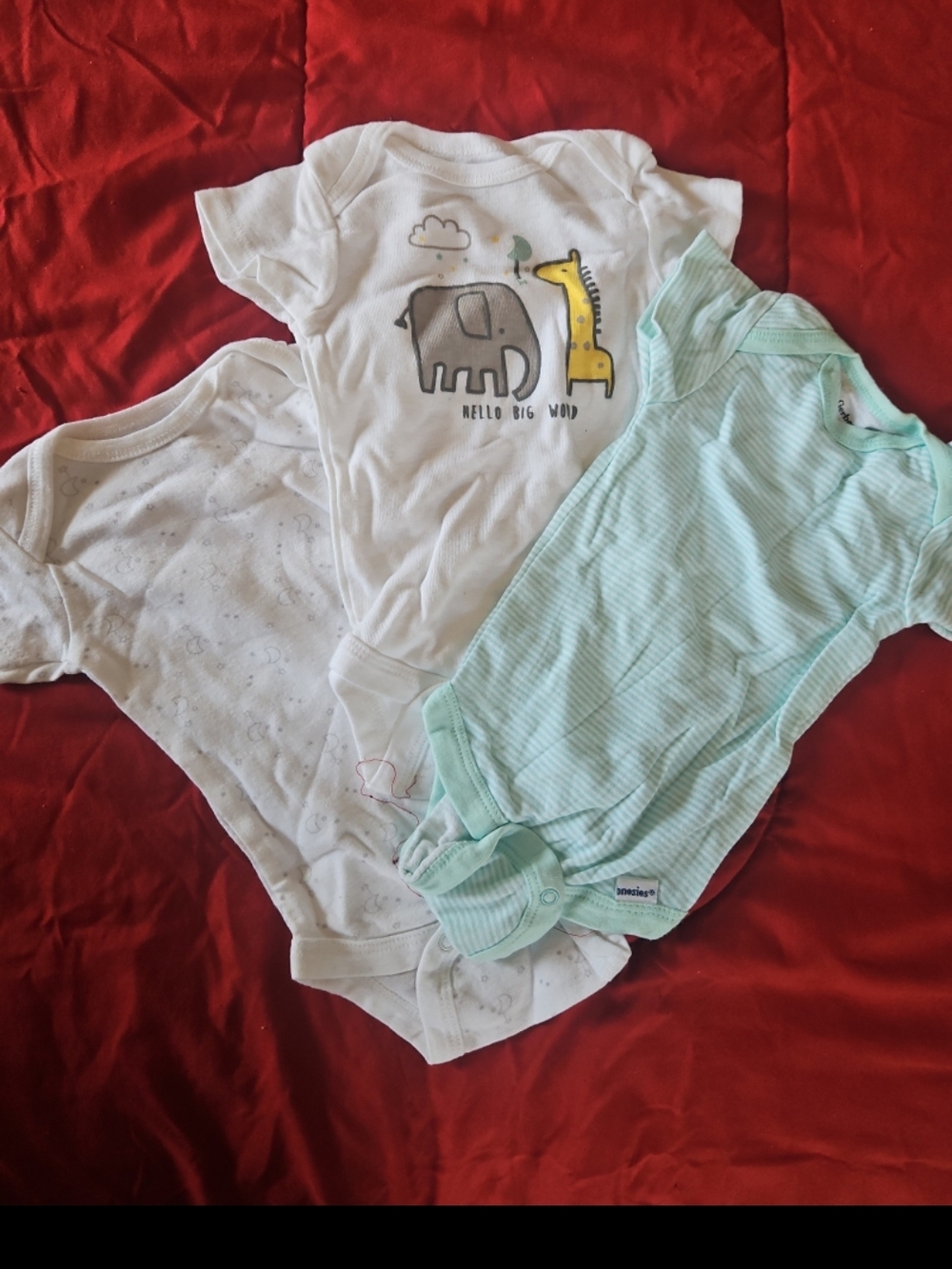 3 Piece Gerber White Baby Onesie with Yellow Giraffe and Gray Elephant Print